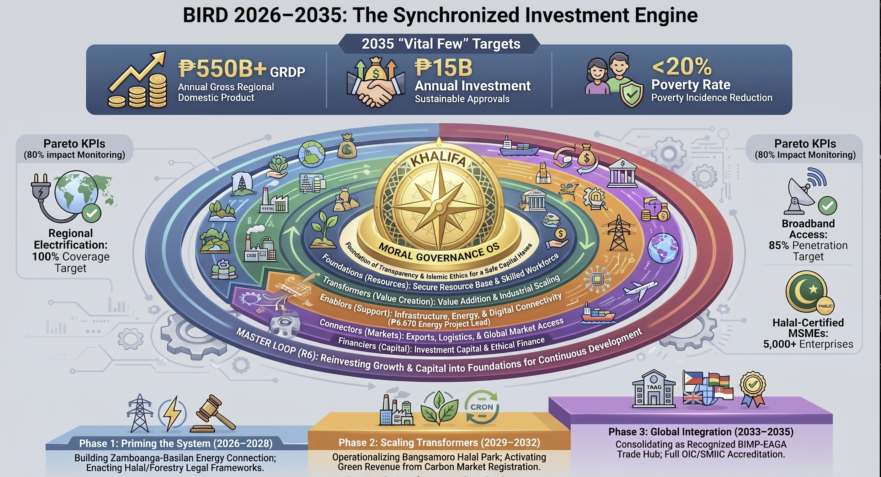 BIRD 2026-2035 Comprehensive Infographic - Complete strategic roadmap visualization with BEIE clusters, implementation phases, and key targets